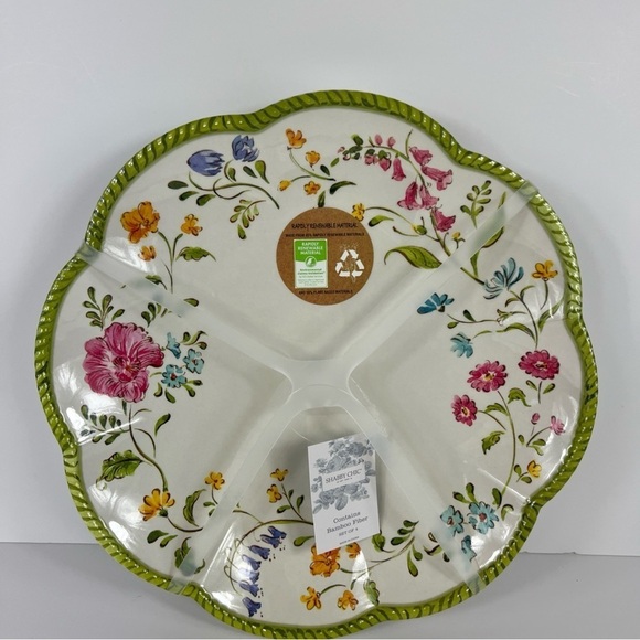 Shabby Chic Melamine Dinner Plates Floral Spring Scalloped Green Pink 4 pc NEW - Picture 10 of 10